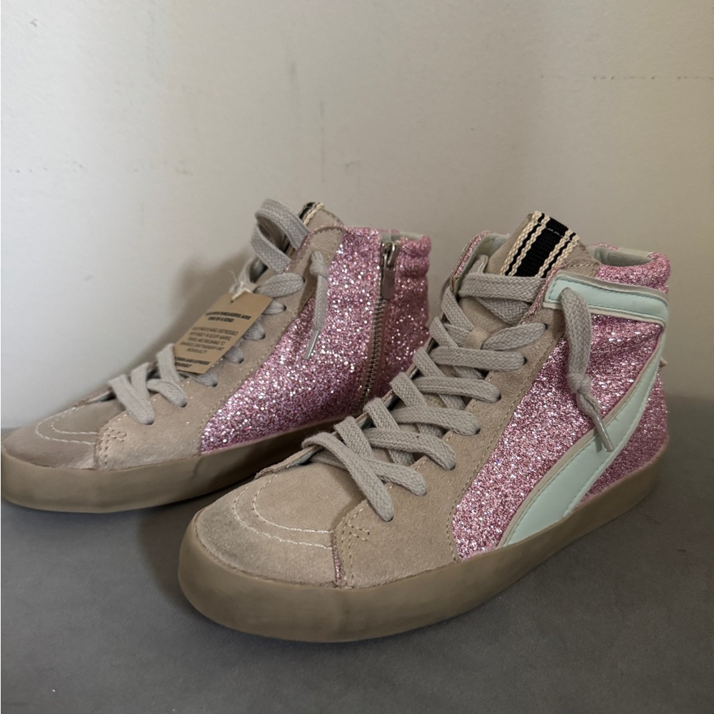 ShuShop Pink Glitter and Cream High-Top Sneakers